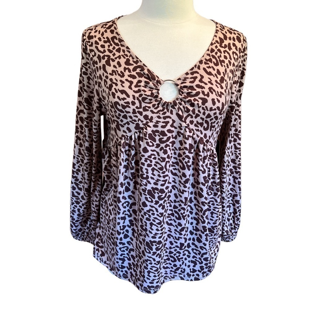 Absolutely Famous Long Sleeve Sweetheart Neck Brown Cheetah Print Flowy Sz L